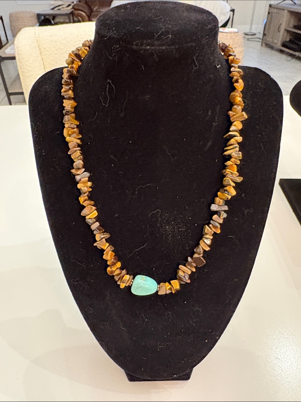Tiger Eye Chip Necklace with Turquoise Focus Stone